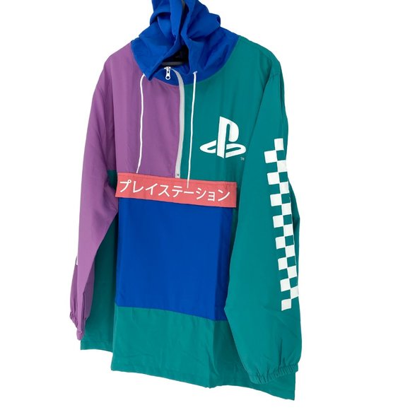 PLAYSTATION Bioworld Pastel Colorblock Checkered Long Sleeve Hooded Windbreaker - Picture 3 of 16